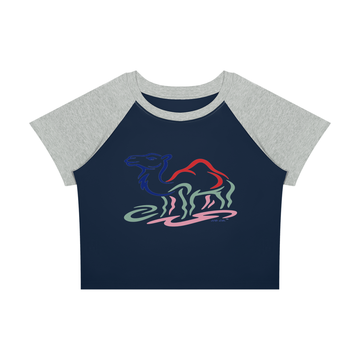 No Co. Minimal Camel Line Art Raglan Crop Tee | Colorful Abstract Streetwear
