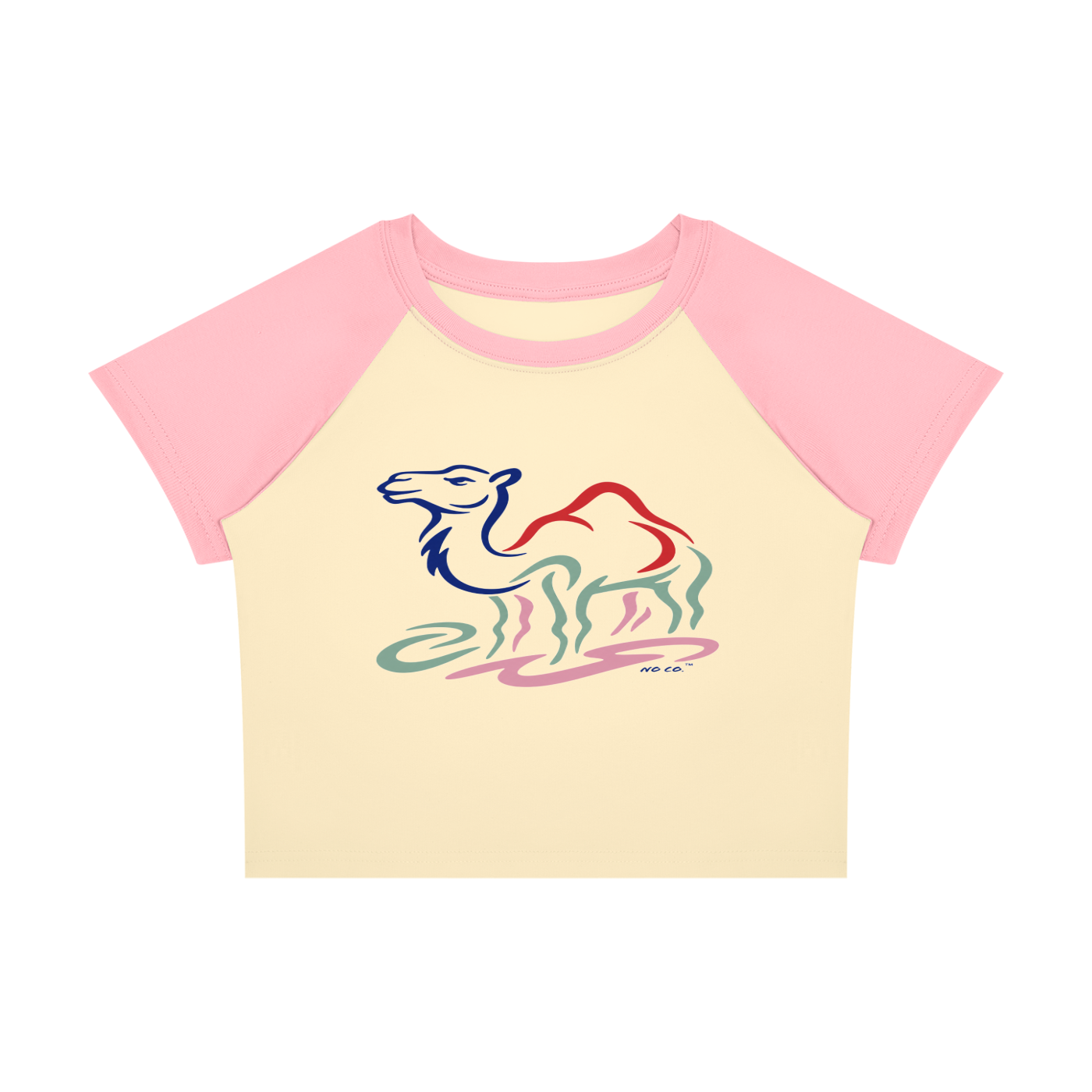 No Co. Minimal Camel Line Art Raglan Crop Tee | Colorful Abstract Streetwear