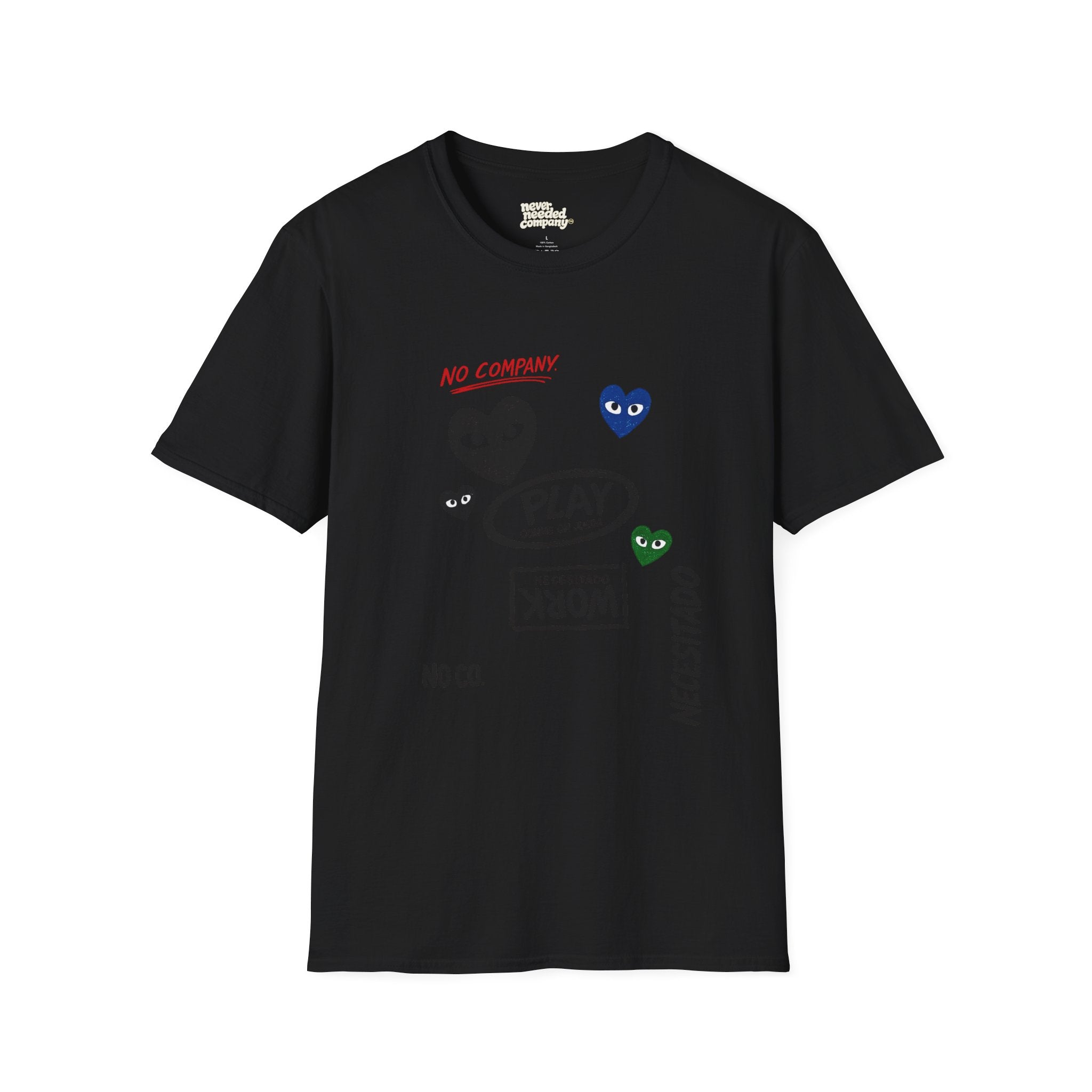 Never Needed™ — Play / Work Heart Tee (Black Edition)
